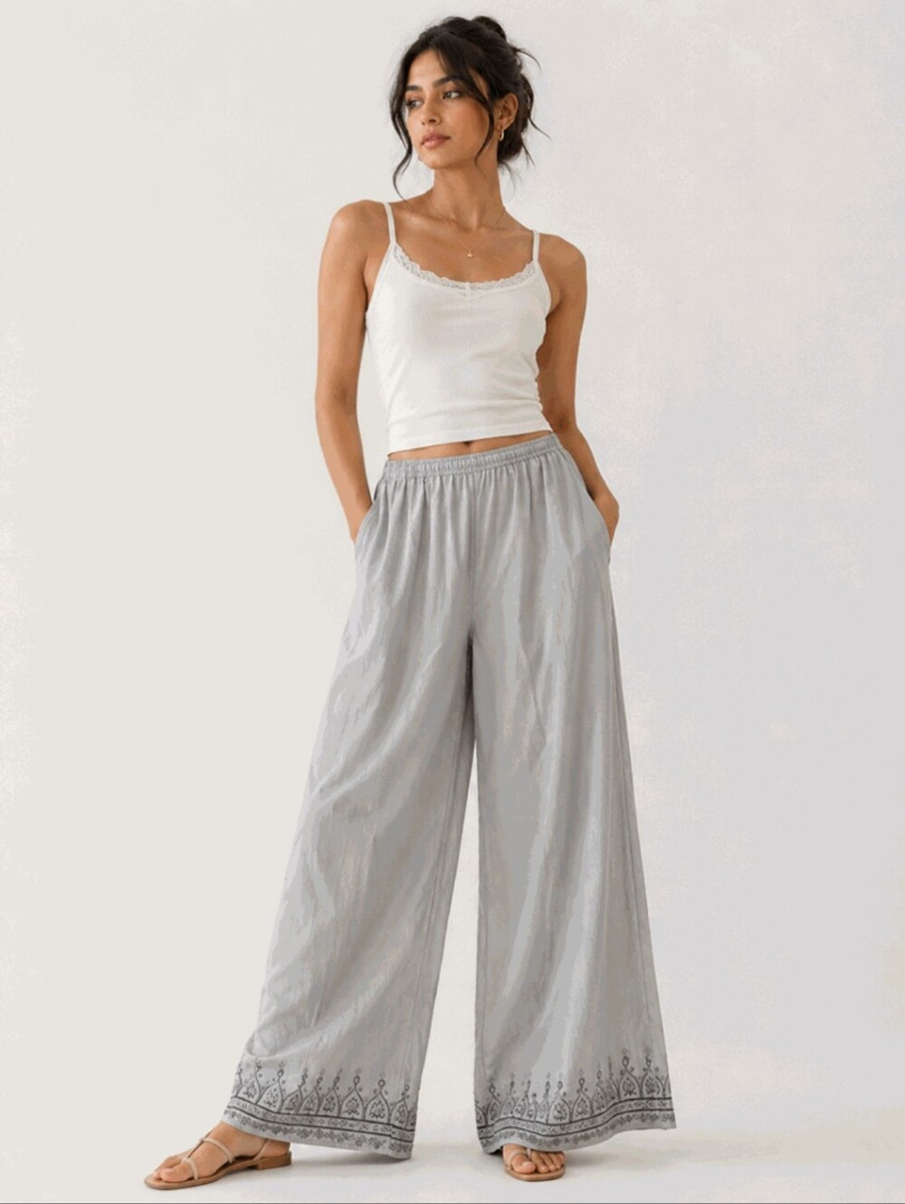 Victoria's Secret Light Gray Wide-Leg Embroidered Hem Pants